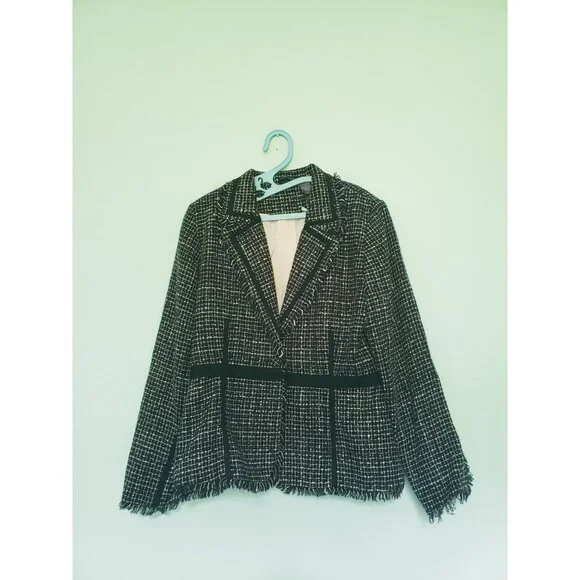 Bisou Bisou Michele Bohbet Women 14 Blazer Fringe Chic Black Career Woven Check - Picture 1 of 5